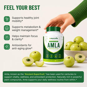 Capsules Amla Bio Marvella Wellness ouvertes montrant la taille