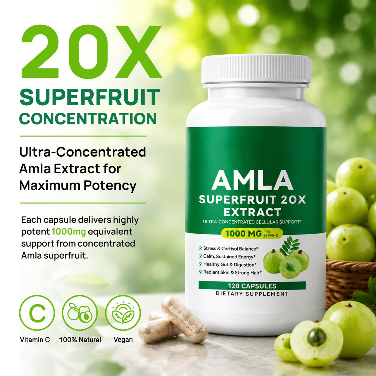 Capsules Amla JYVGNLXS à côté d'un verre d'eau