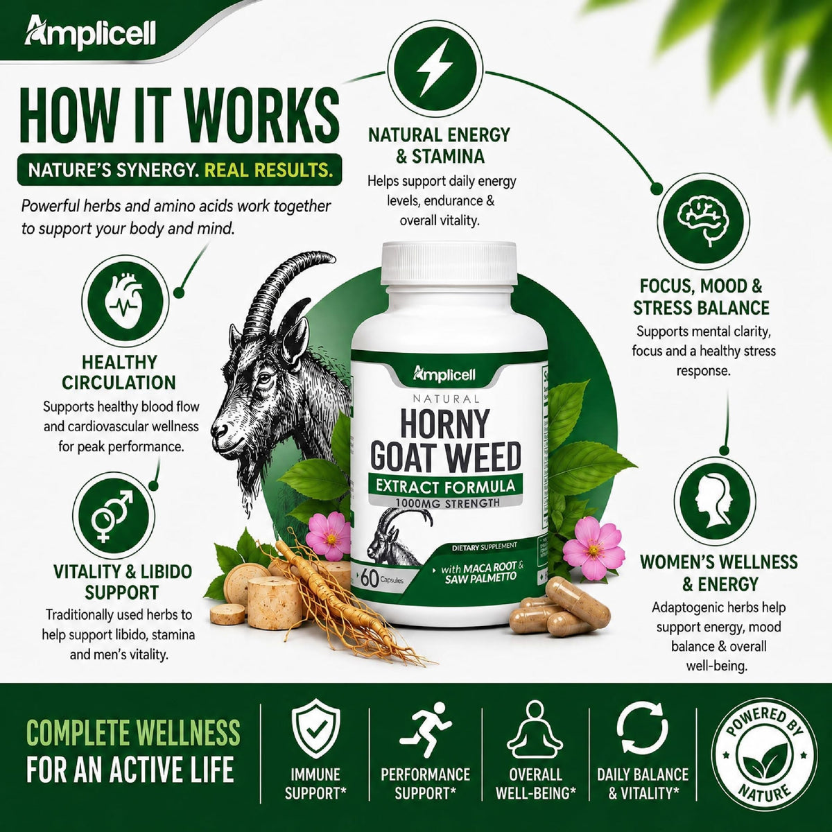 Capsules Amplicell Horny Goat Weed sur une surface blanche