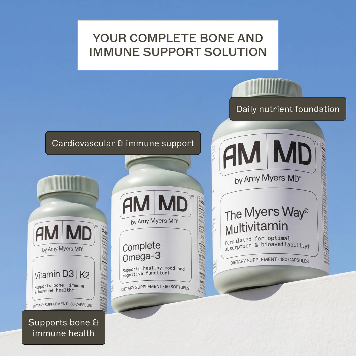 Capsules Amy Myers MD D3/K2 sur une table en bois