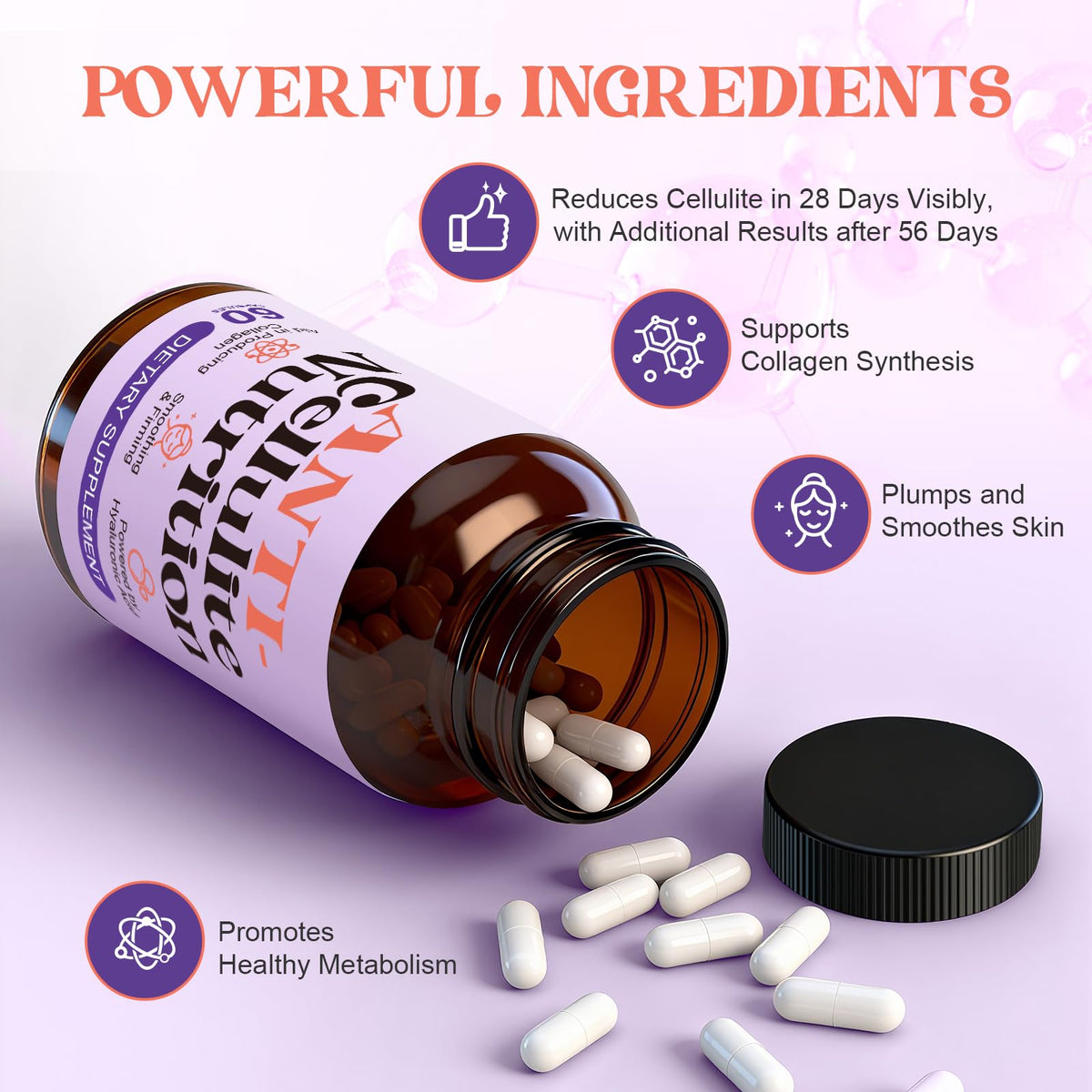 Capsules anti-cellulite DSFGHJE sur fond blanc