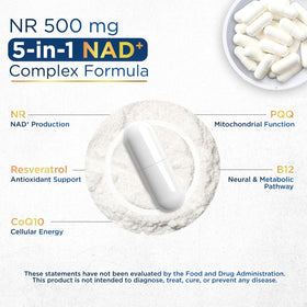 Capsules Anyglory NAD Resveratrol 500mg sur une surface blanche