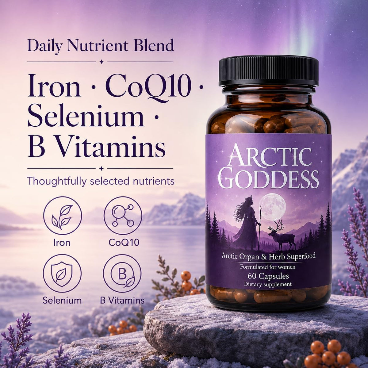 Capsules Arctic Goddess dans une main avec un verre d'eau