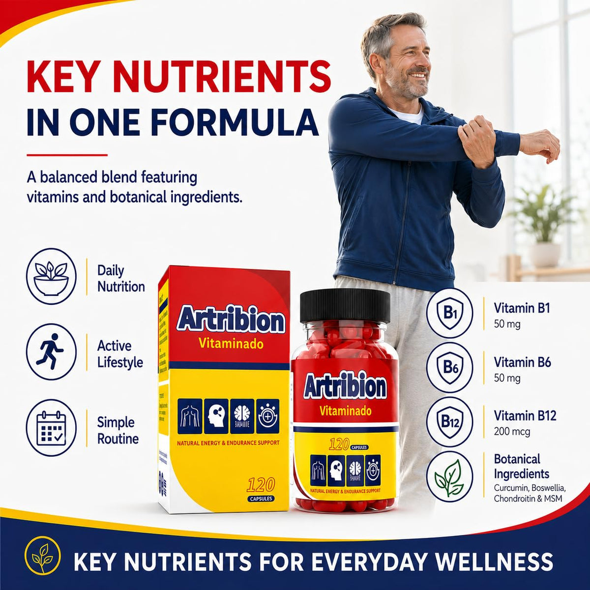 Capsules Artribion Vitaminado MAX sur une table en bois