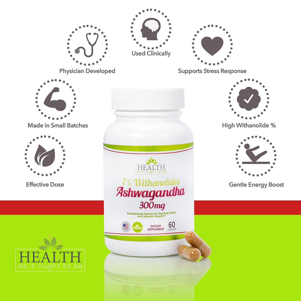 Capsules Ashwagandha 300mg de Health As It Ought To Be sur une table