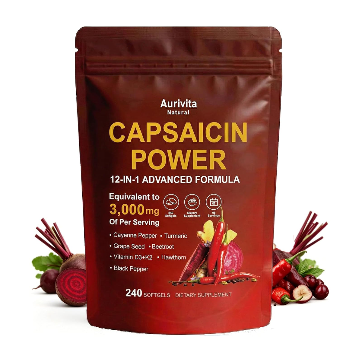 Capsules Aurivita Capsaicin 240 unités en boîte vue de face