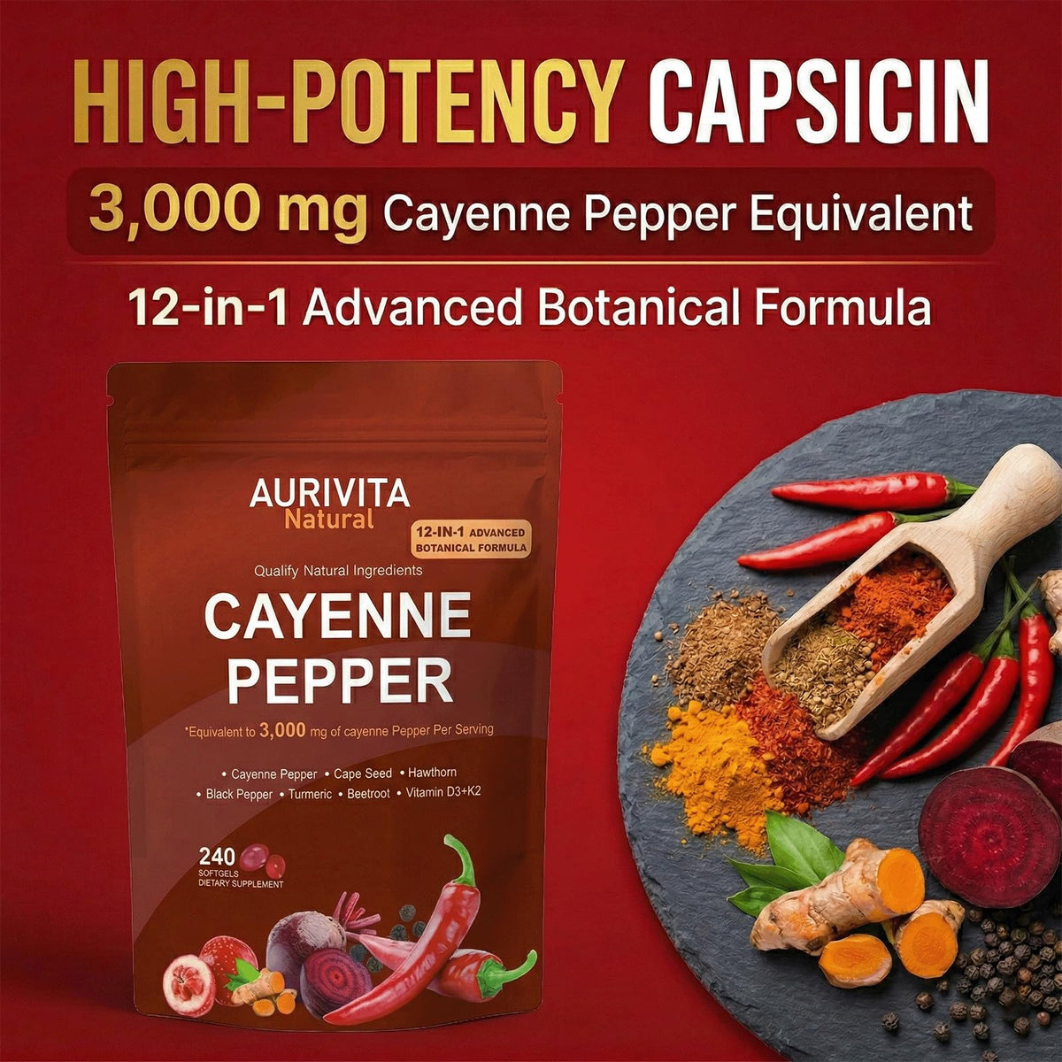 Capsules Aurivita Capsaicin avec Vitamine D3 et K2 en gros plan