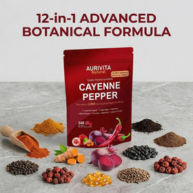 Capsules Aurivita sur une table avec des ingrédients naturels