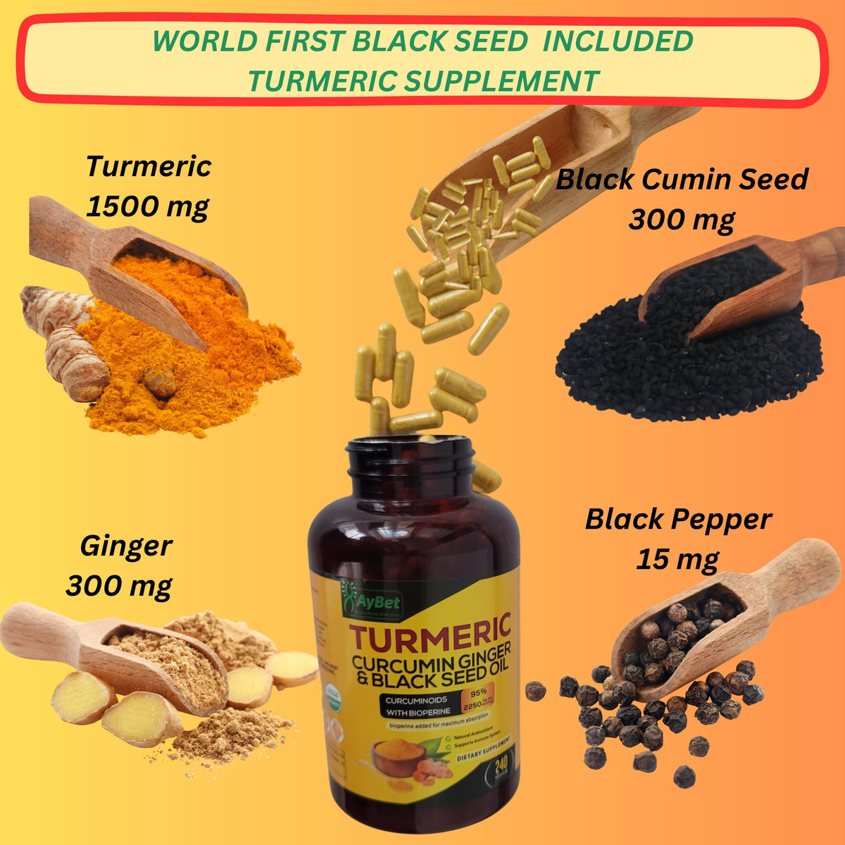 Capsules AyBet Curcuma Gingembre Huile de Cumin Noir sur une surface blanche