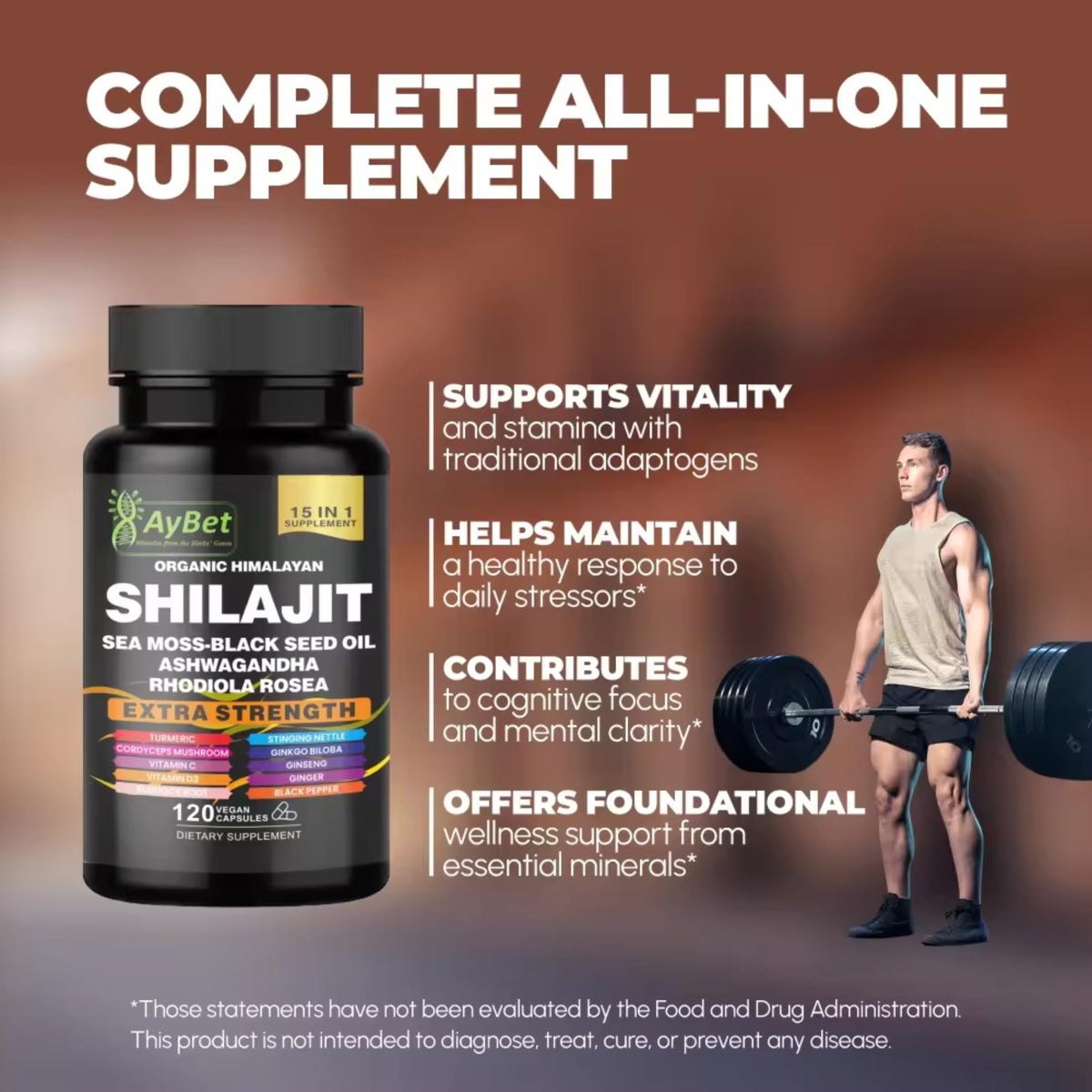 Capsules AyBet Shilajit avec fond en bois