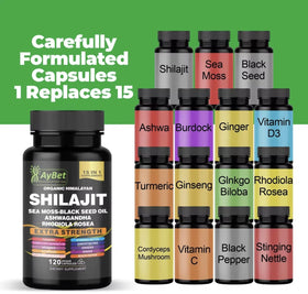 Capsules AyBet Shilajit sur une surface blanche