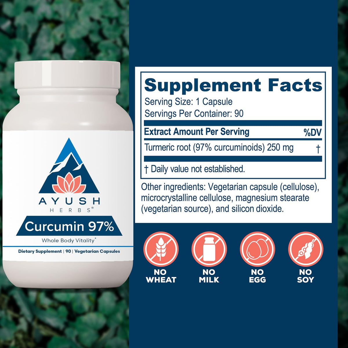 Capsules Ayush Herbs Curcumin 97% sur une surface blanche