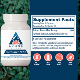 Capsules Ayush Herbs Curcumin 97% sur une surface blanche