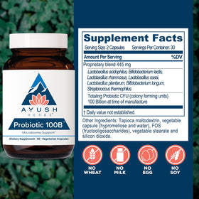 Capsules Ayush Herbs Probiotic 100B sur une surface blanche