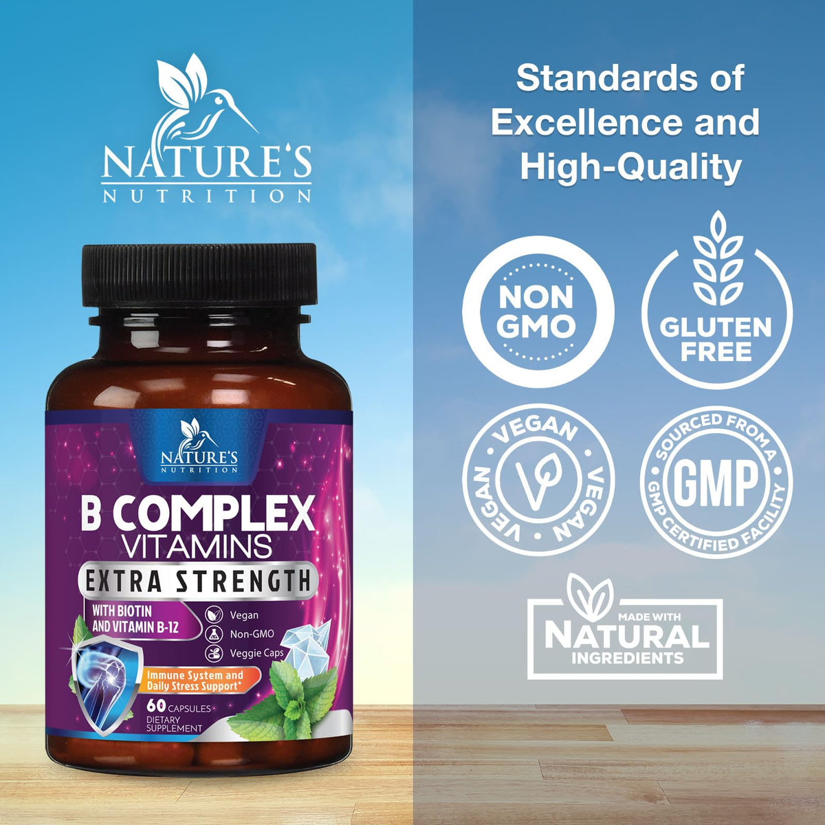 Capsules B Complex Nature's Nutrition sur une table