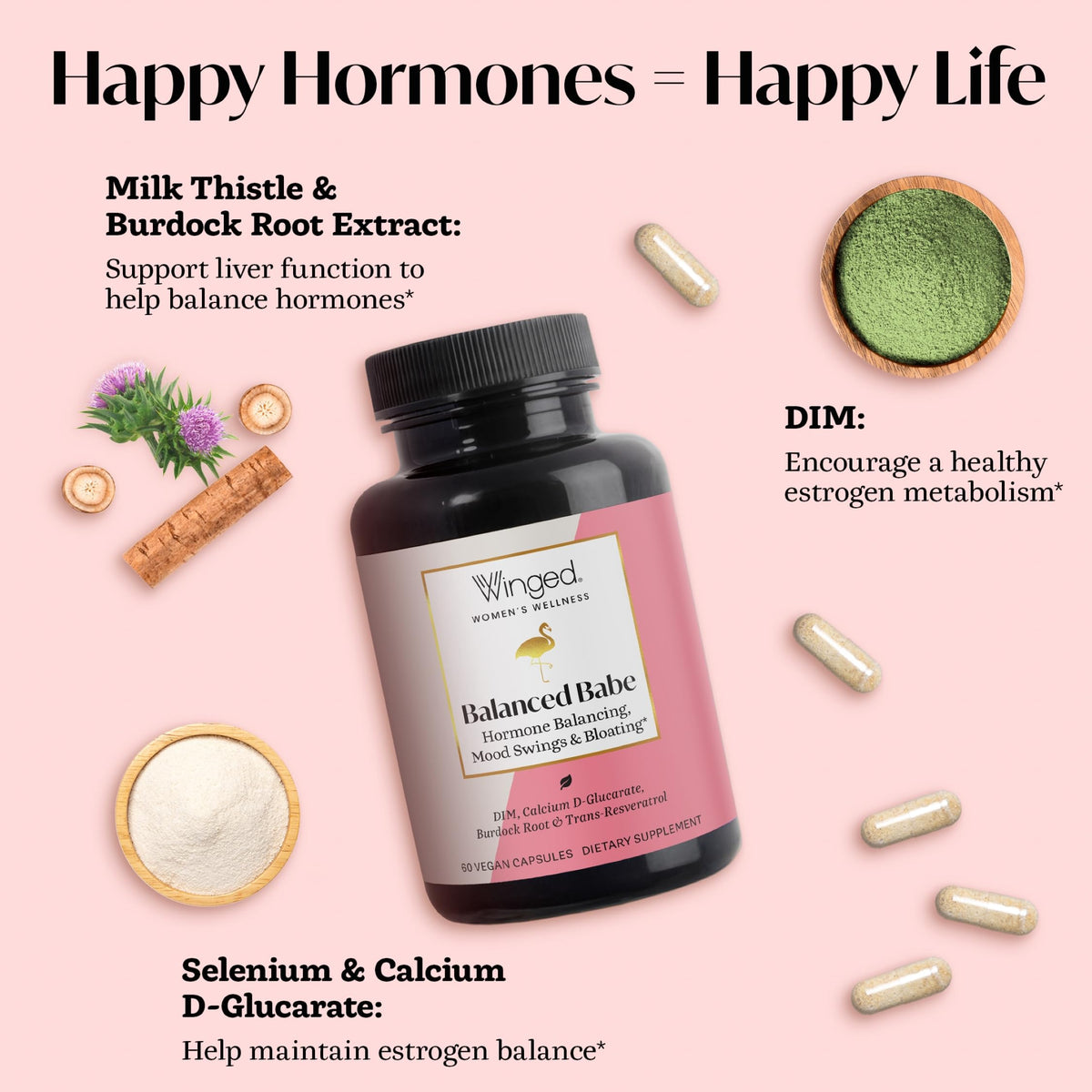 Capsules Balanced Babe de Winged Wellness sur une surface blanche