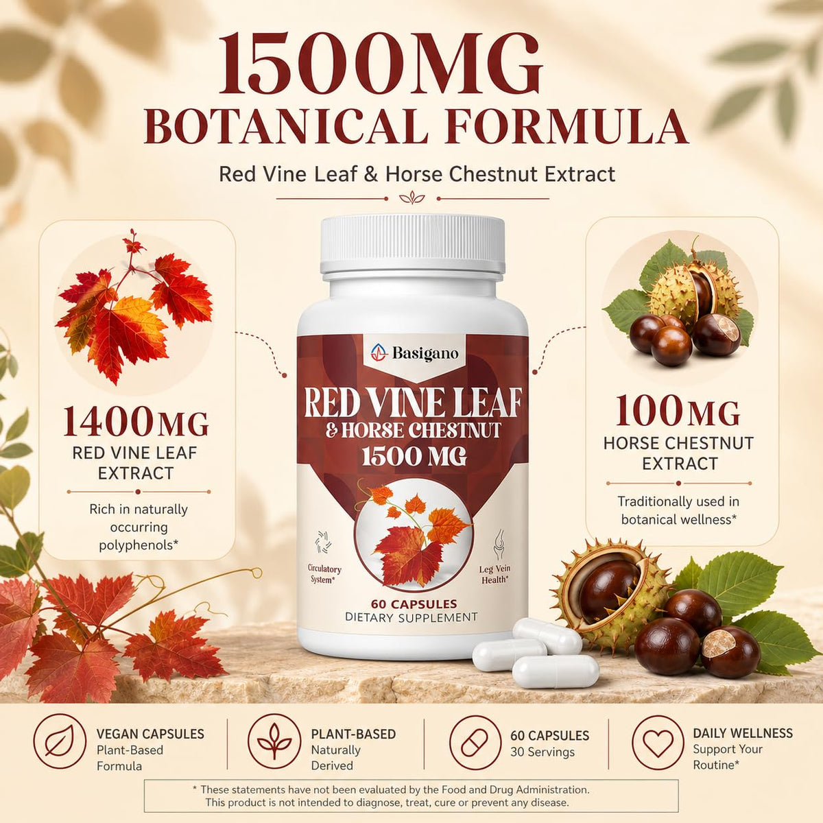 Capsules Basigano sur une surface en bois avec des feuilles vertes