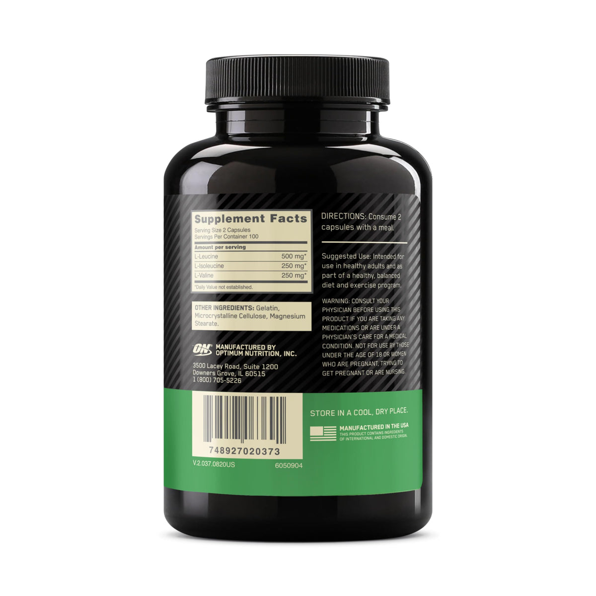 Capsules BCAA Optimum Nutrition à côté d'une bouteille de protéines
