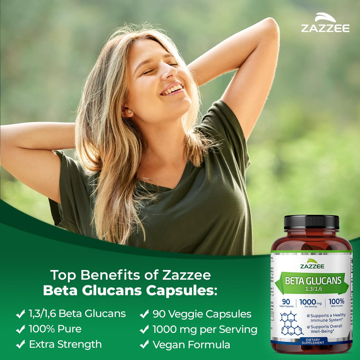 Capsules Beta Glucans Zazzee 1000mg sur fond blanc