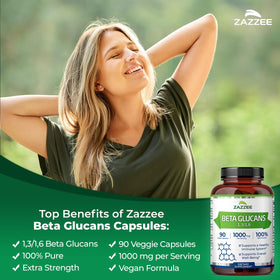 Capsules Beta Glucans Zazzee 1000mg sur fond blanc