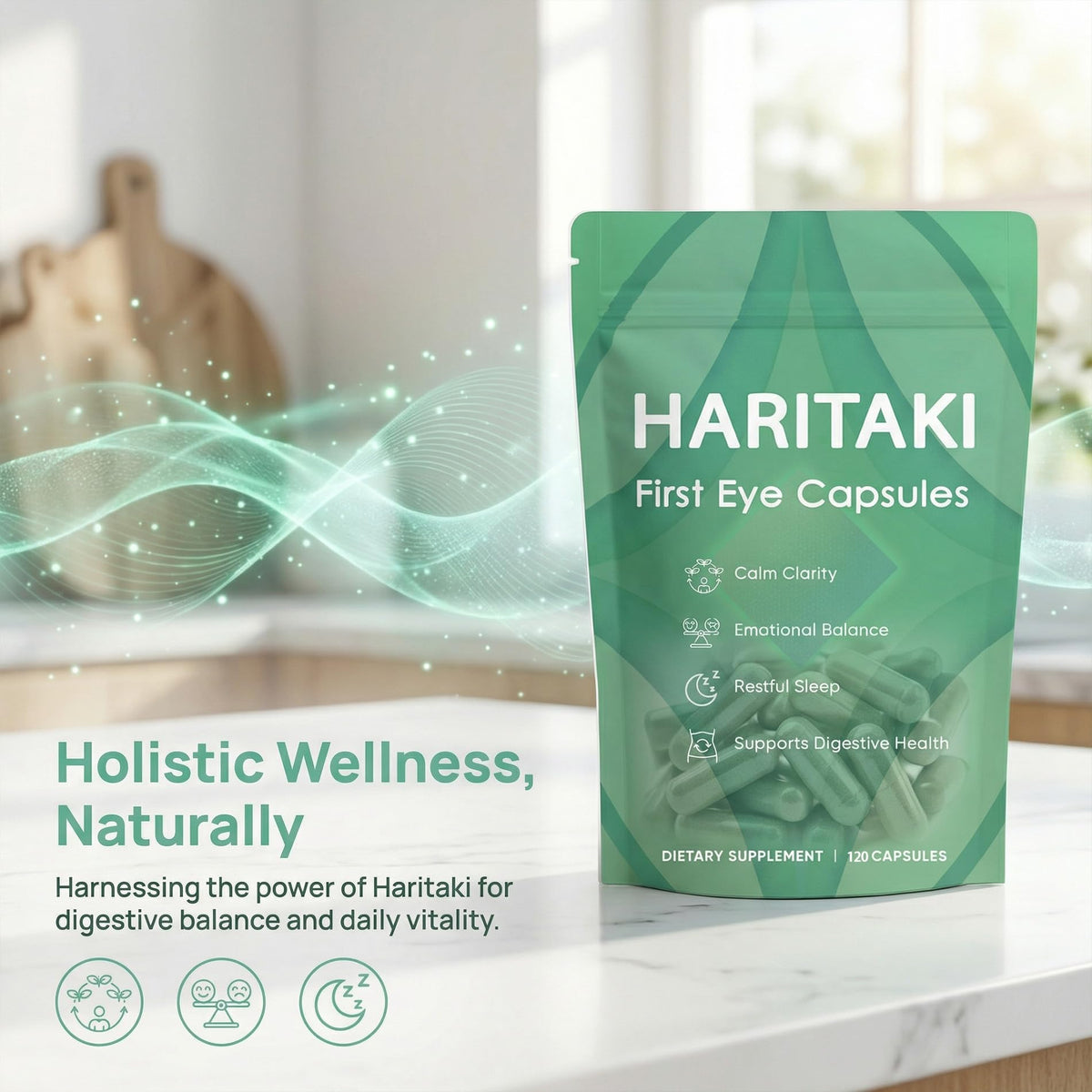 Capsules bio Haritaki ZALPNUP sur un fond neutre