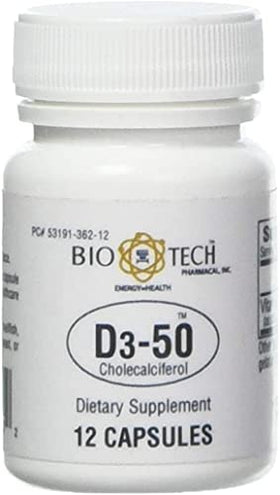 Capsules Bio-Tech Pharmacal D3-50 sur fond blanc