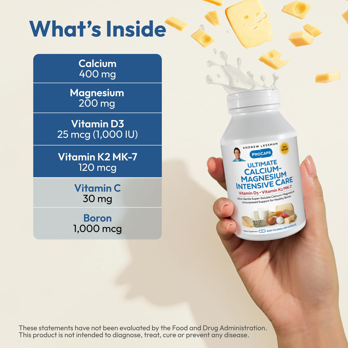 Capsules Calcium-Magnésium K2 MK7 d'ANDREW LESSMAN sur fond blanc