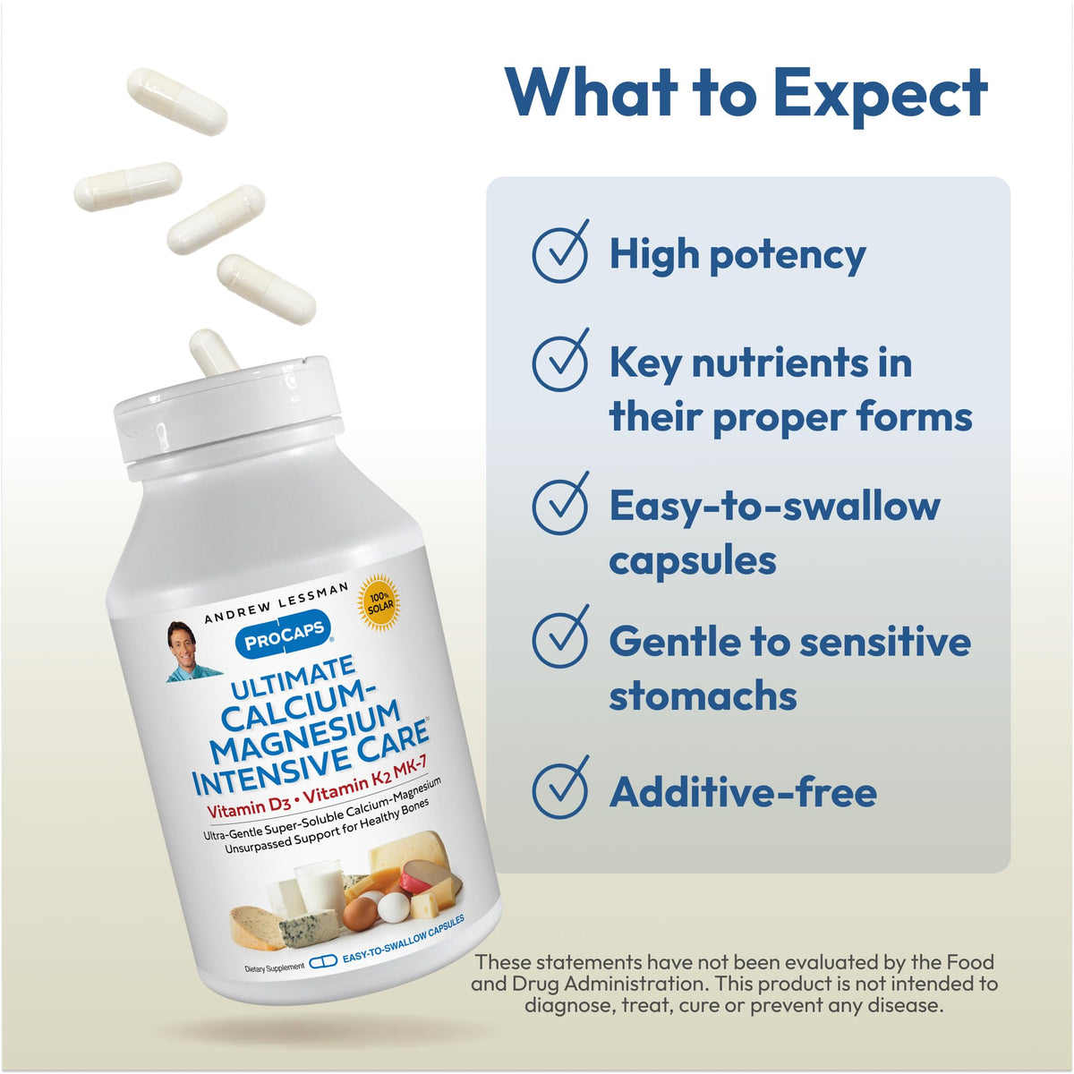 Capsules Calcium-Magnésium K2 MK7 d'ANDREW LESSMAN sur une surface blanche