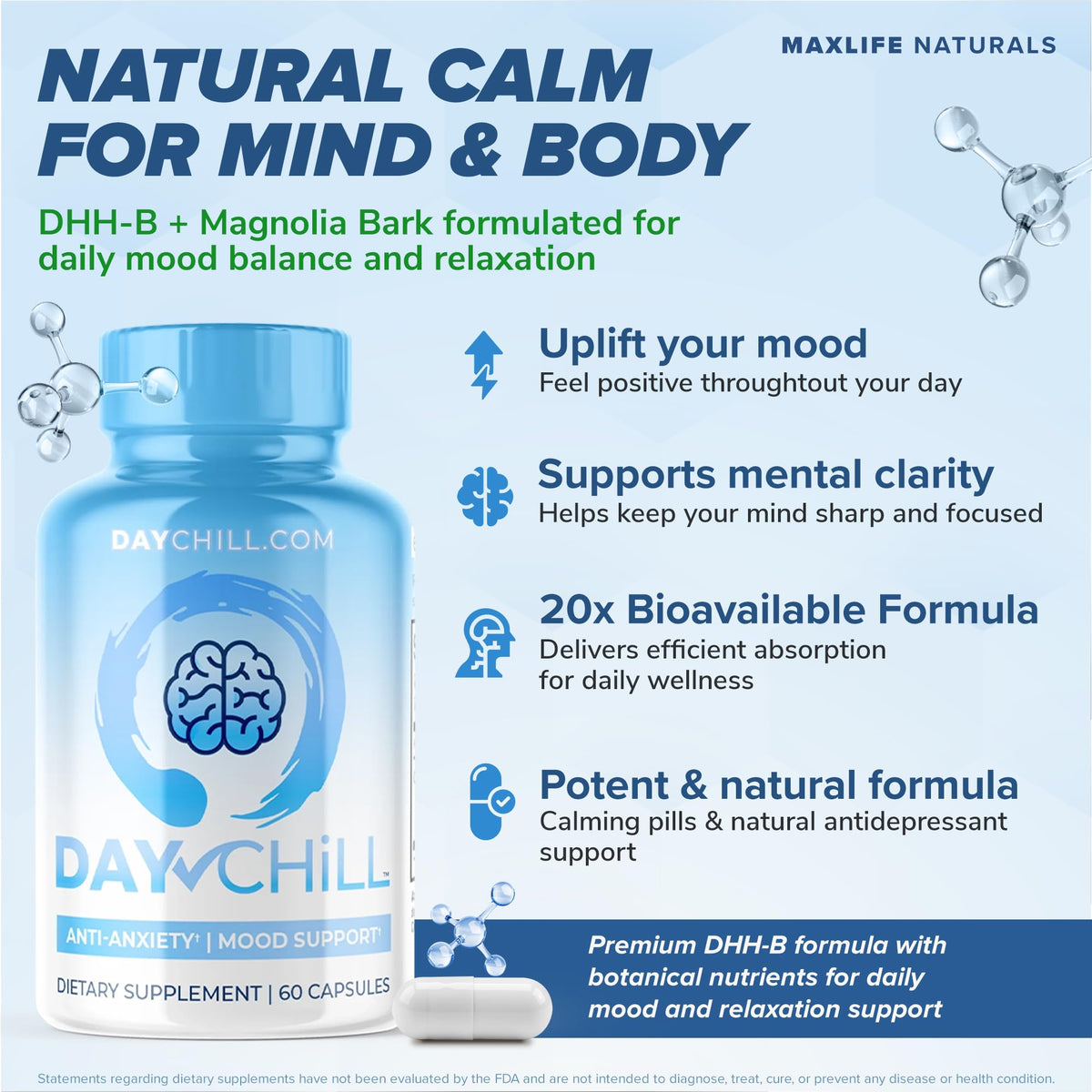 Capsules Chill Pill DHHB de MAXLIFE NATURALS sur une surface blanche