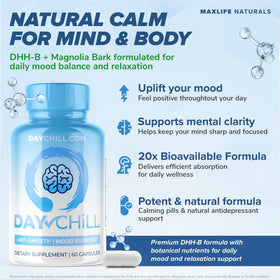 Capsules Chill Pill DHHB de MAXLIFE NATURALS sur une surface blanche