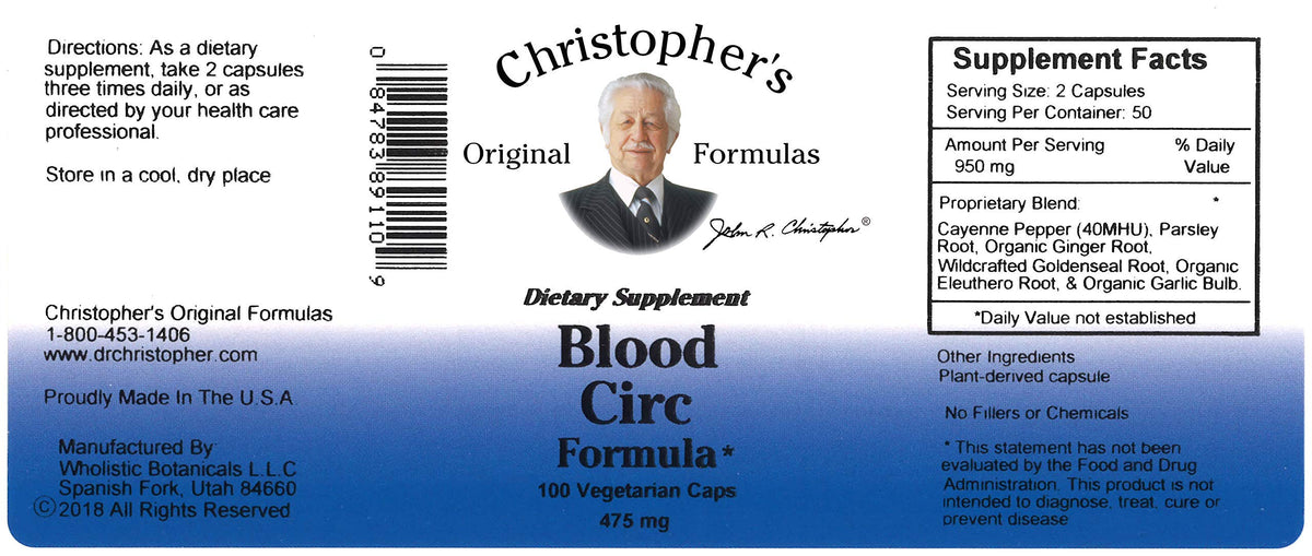 Capsules Circulation Christopher's Original Formulas, étiquette avec ingrédients
