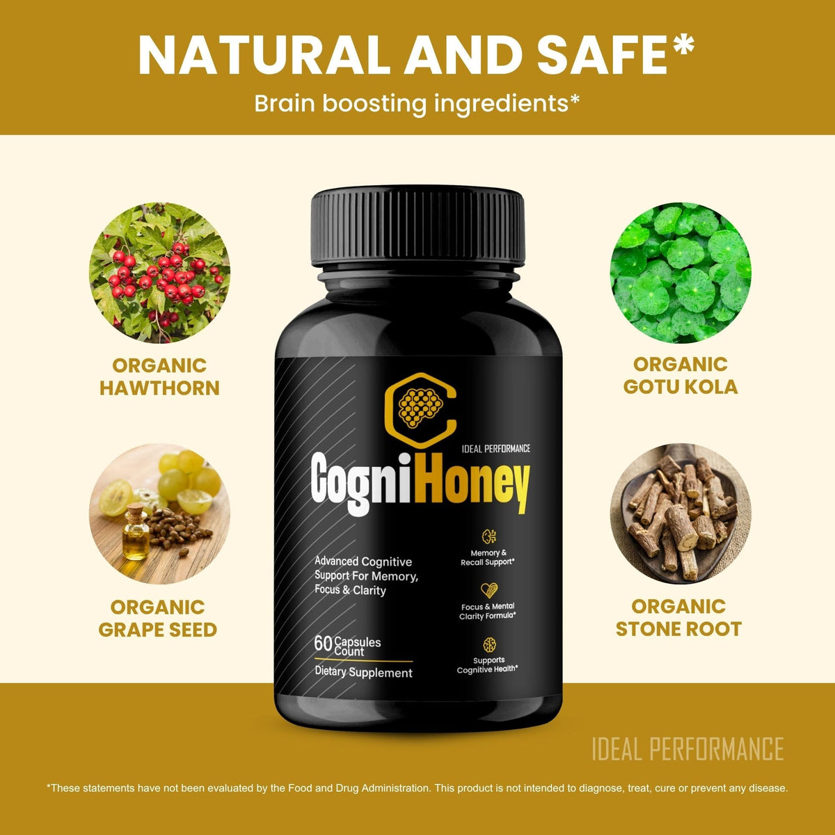 Capsules CogniHoney d'IDEAL PERFORMANCE prises avec un verre d'eau