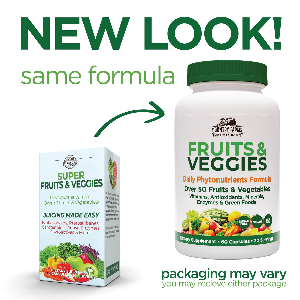 Capsules Country Farms Super Fruits et Légumes sur une surface blanche
