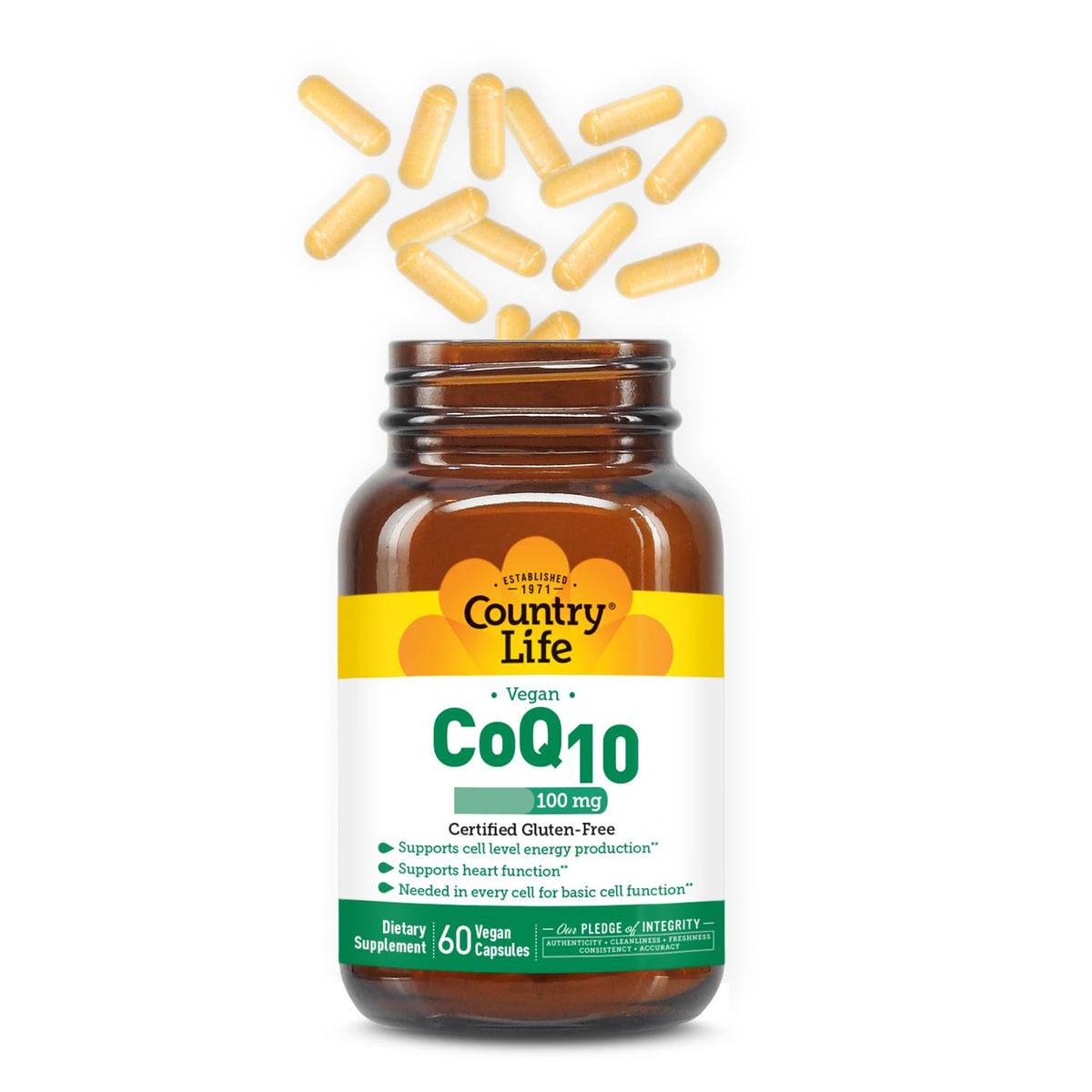 Capsules Country Life CoQ10 100 mg sur fond blanc