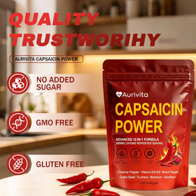 Capsules CURAIY Aurivita Capsaicin sur une surface blanche