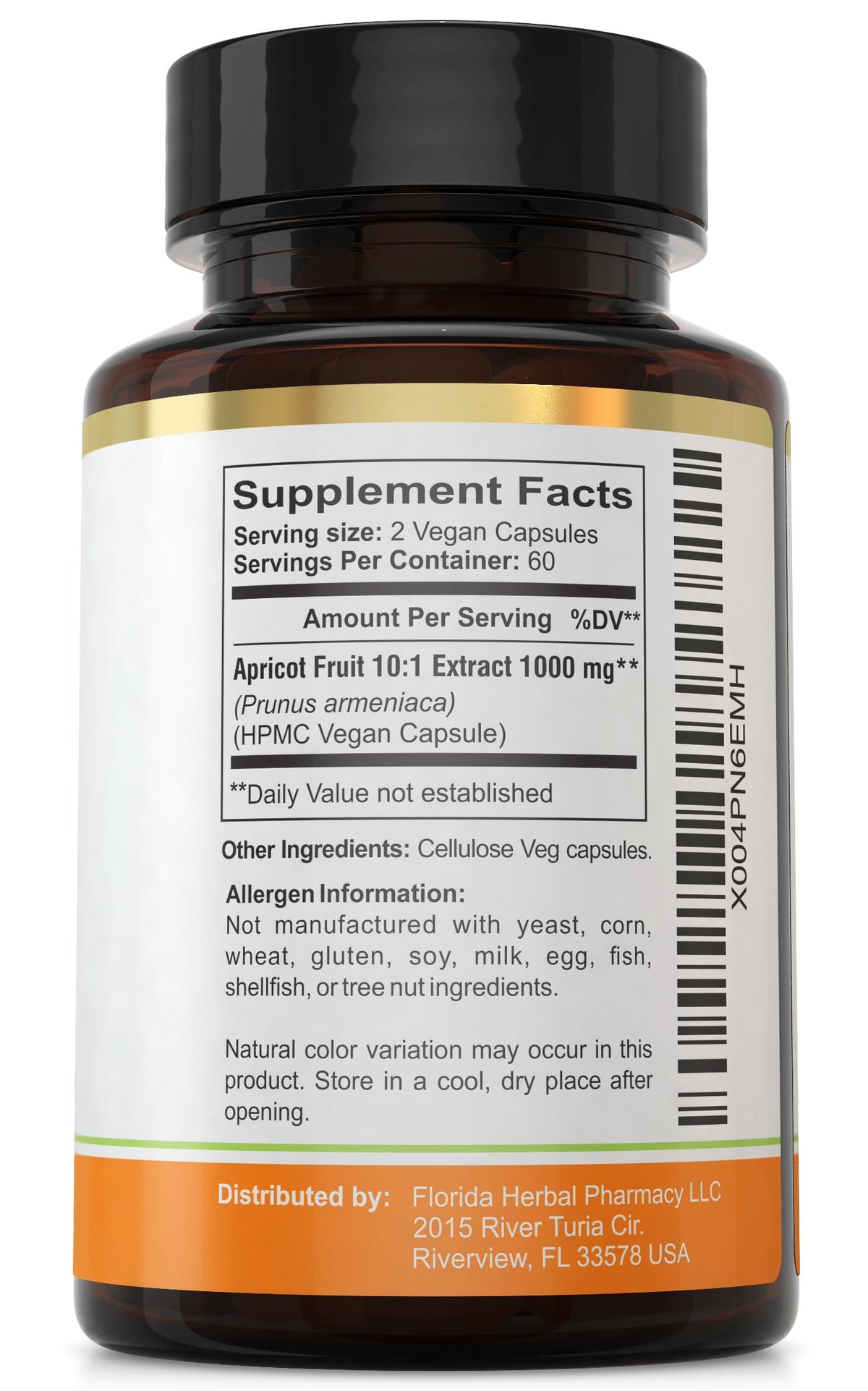 Capsules d'abricot Florida Herbal Pharmacy avec une main tenant le flacon
