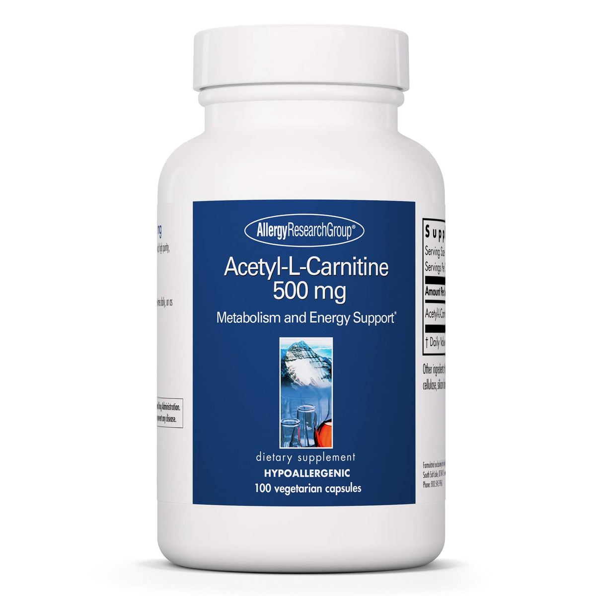Capsules d'Acétyl L-Carnitine 500 mg, vue de l'avant