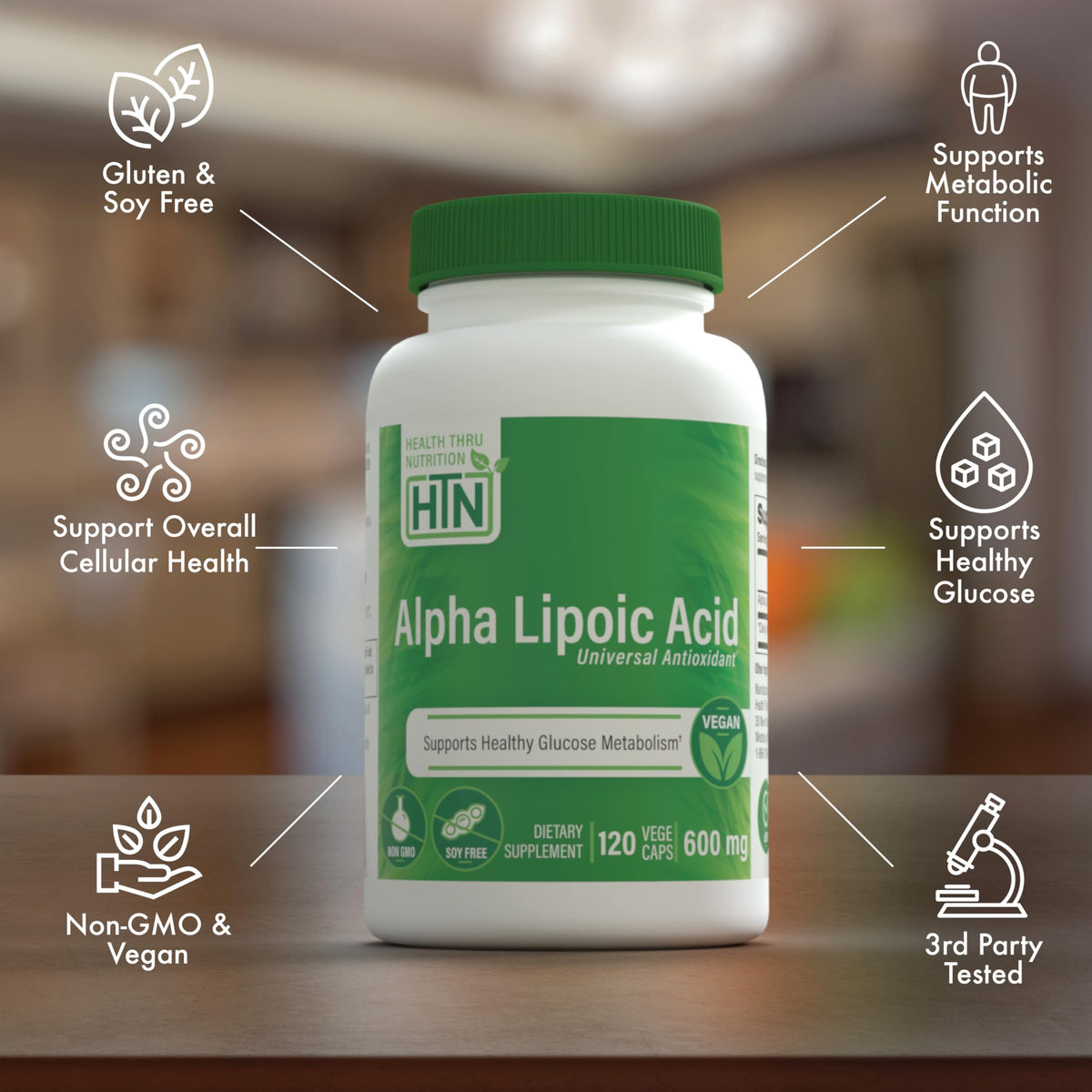 Capsules d'Acide Alpha Lipoïque 600 mg sur une surface