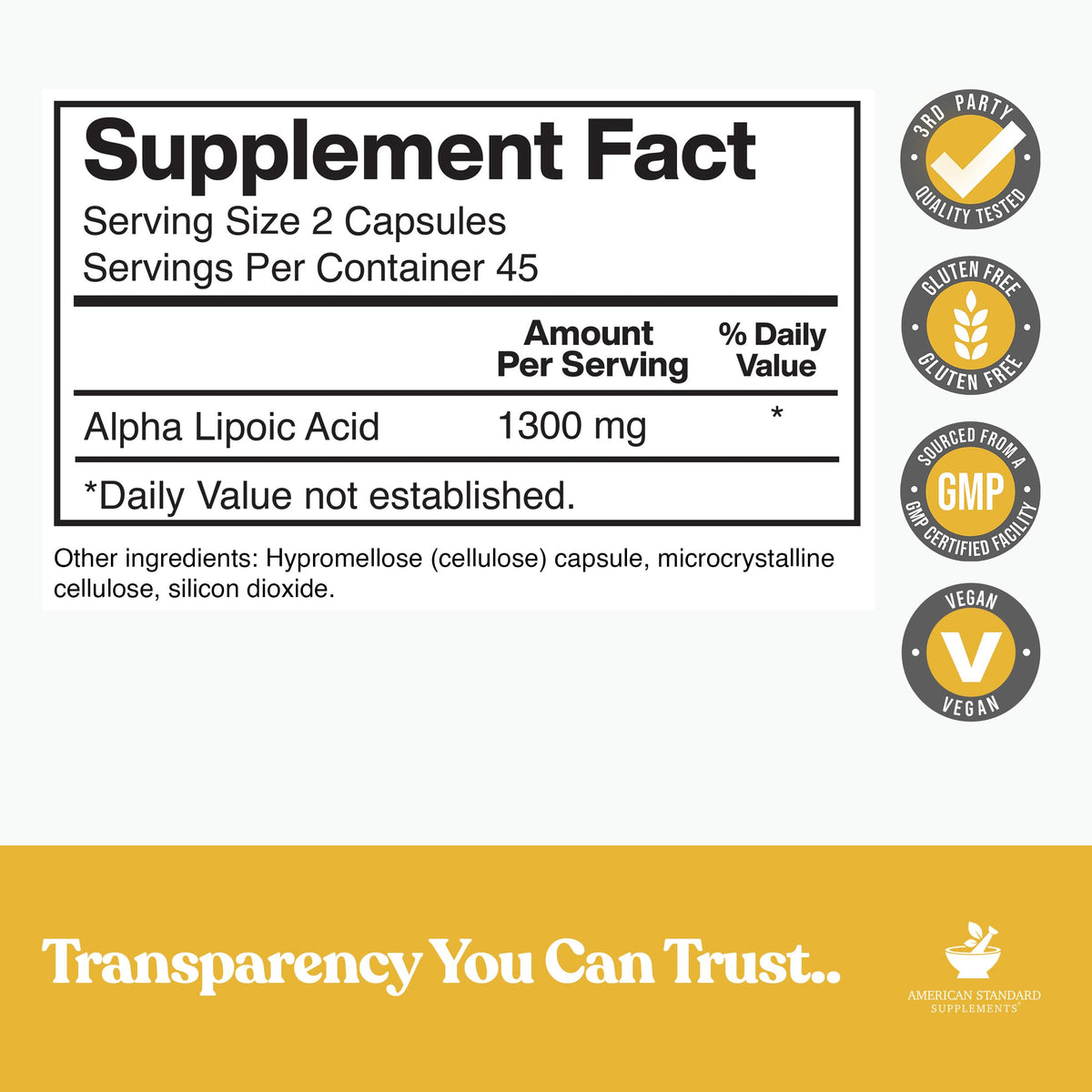 Capsules d'acide alpha-lipoïque American Standard Supplements sur une surface blanche