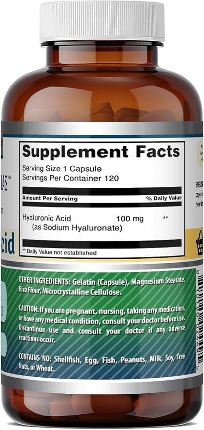 Capsules d'acide hyaluronique Amazing Nutrition sur un fond blanc
