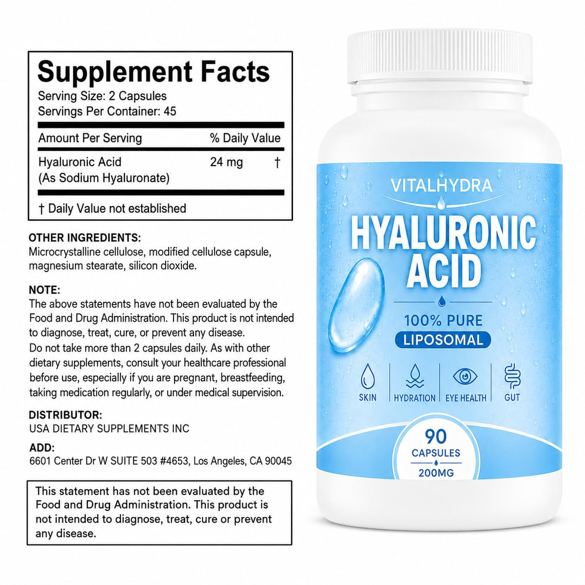 Capsules d'acide hyaluronique Vitalhydra sur une surface blanche