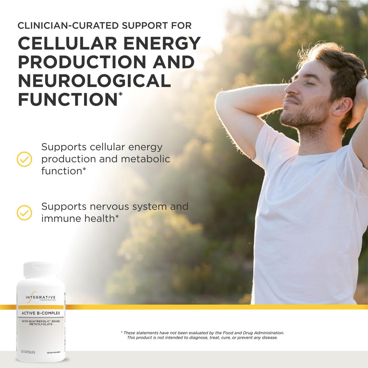 Capsules d'Active B-Complex d'Integrative Therapeutics sur fond blanc
