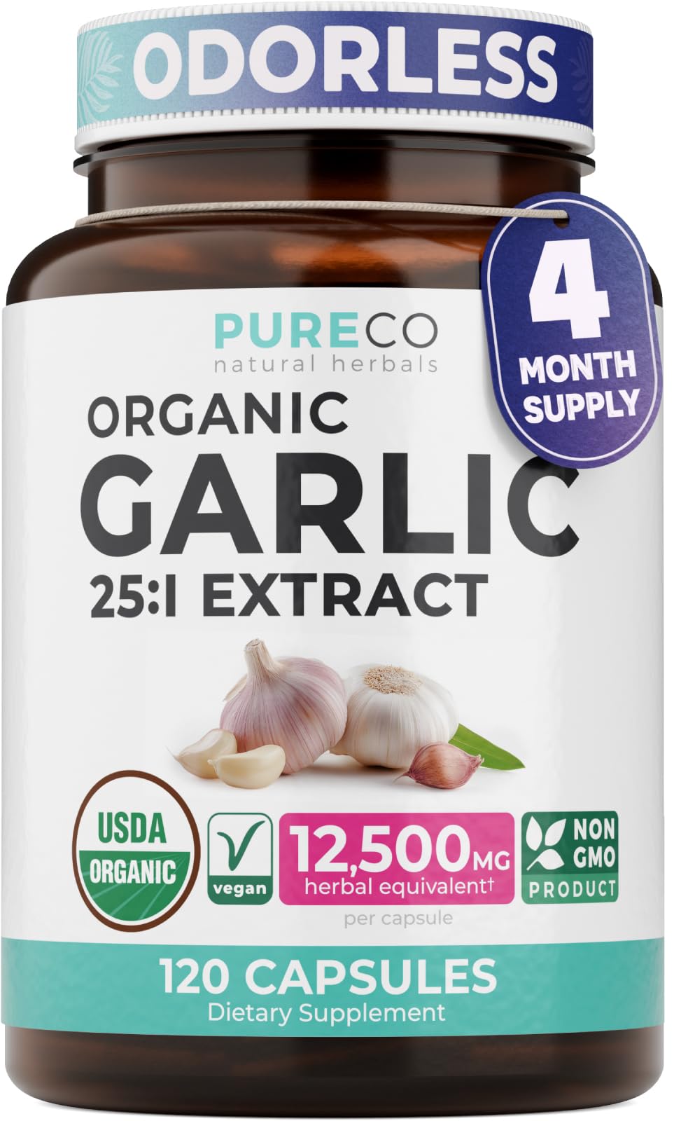 Capsules d'ail bio PURE CO en bouteille vue de face