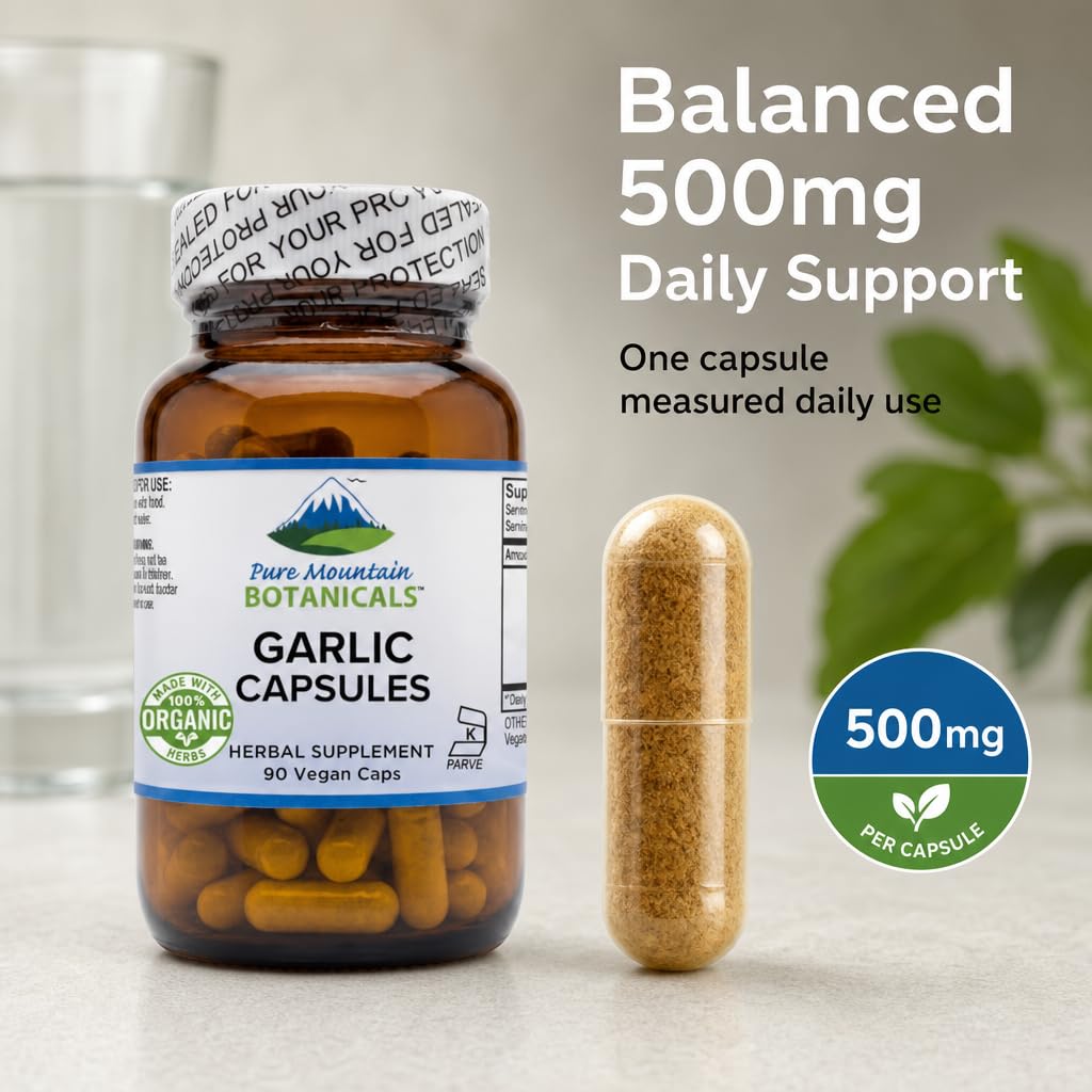 Capsules d'ail bio Pure Mountain Botanicals 500mg dans un bol