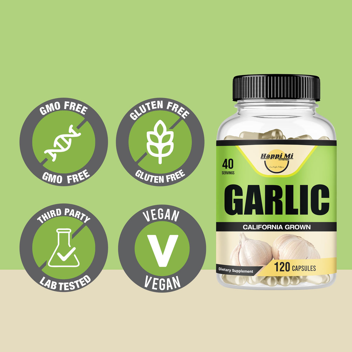Capsules d'ail Happi Mi Nutrition sur un fond neutre