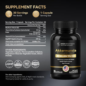 Capsules d'Akkermansia Probiotique Inner Brightness sur fond blanc
