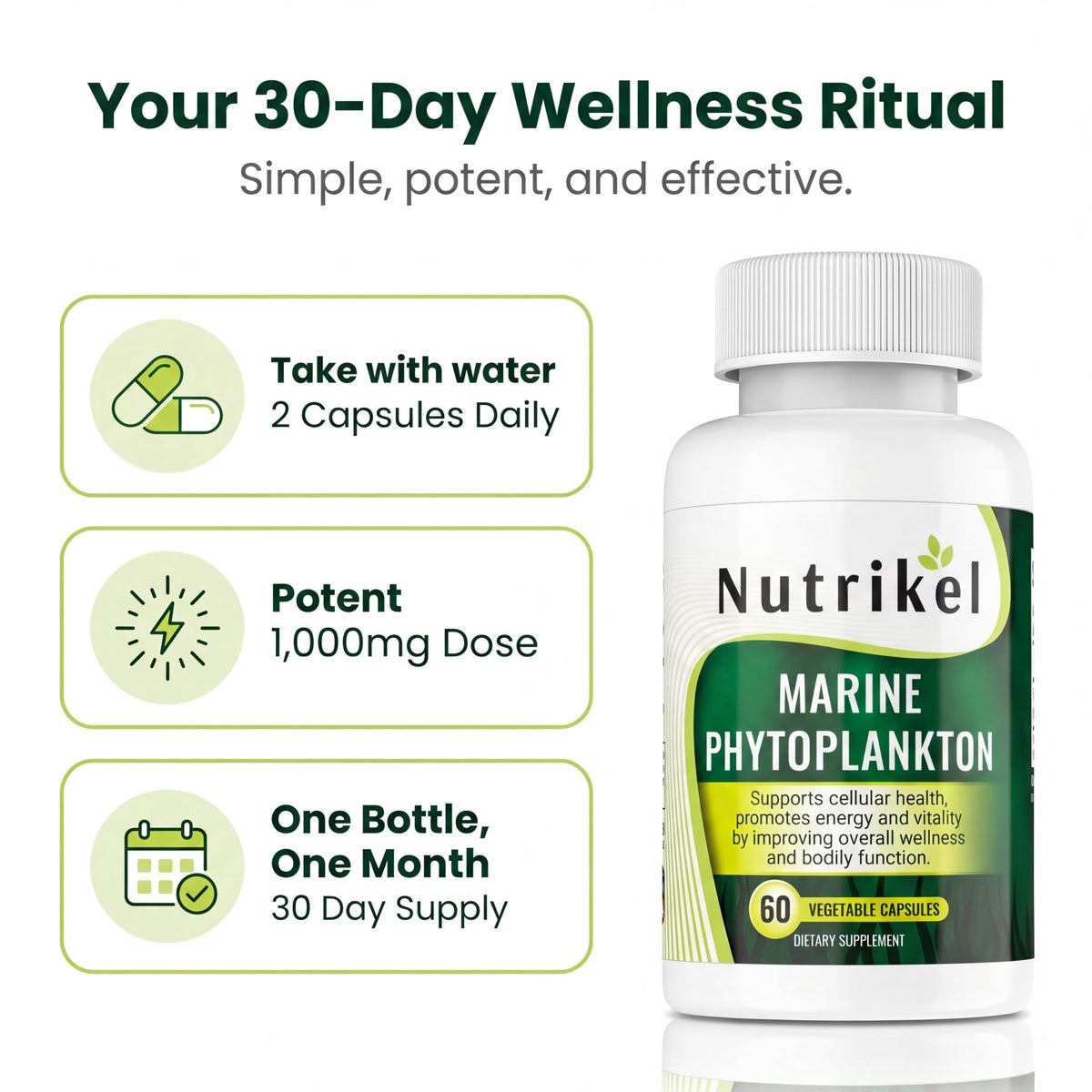 Capsules d'algues phytoplancton marin Omega 3 1000mg Natural Curves sur une table en bois