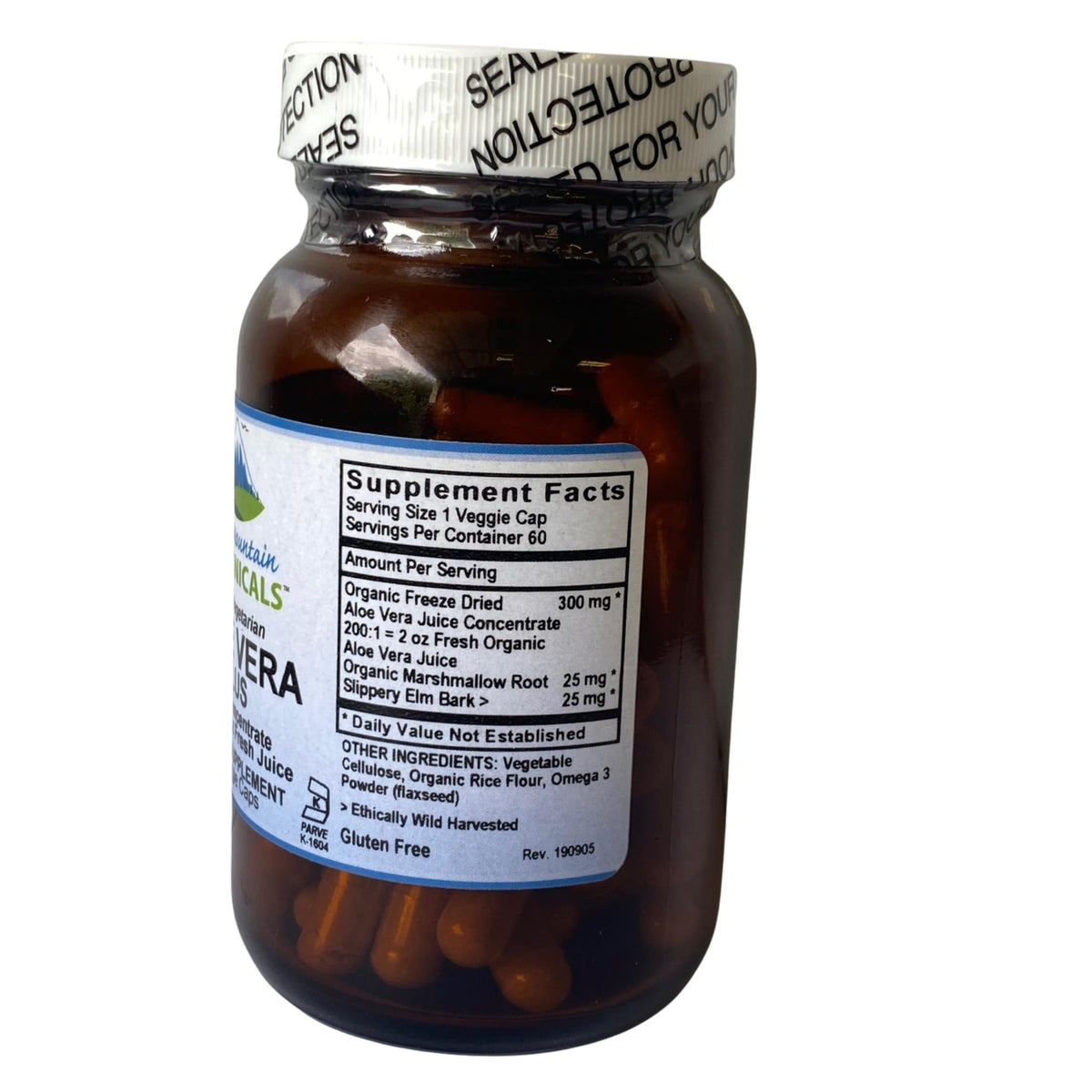 Capsules d'Aloe Vera Pure Mountain Botanicals en gros plan