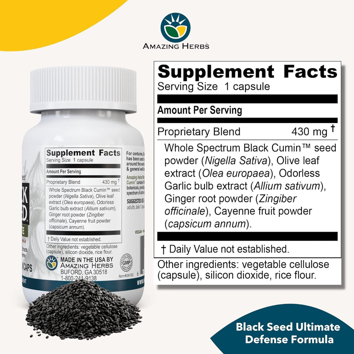 Capsules d'Amazing Herbs Graine de Nigelle sur fond blanc