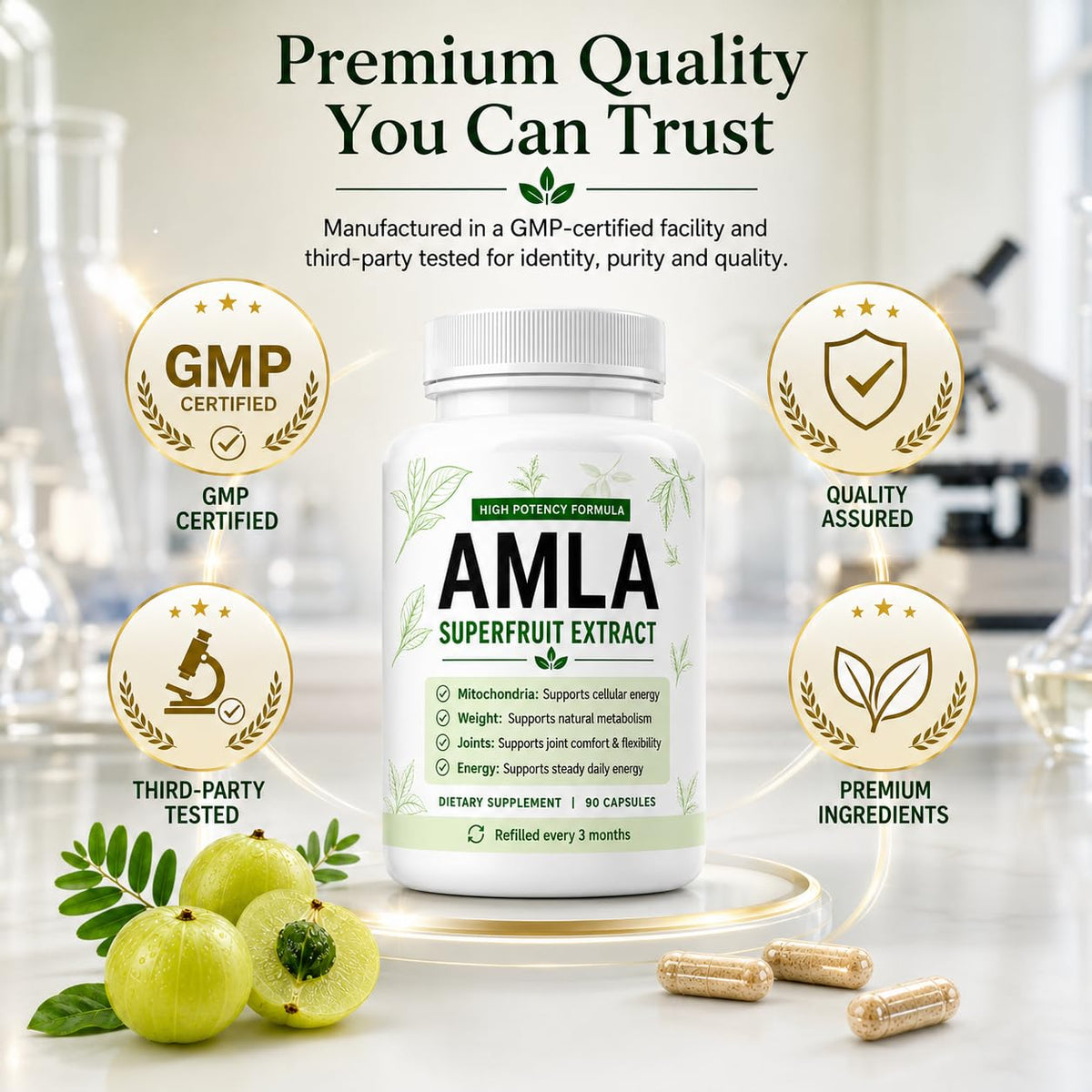 Capsules d'Amla bio linnavarv avec un fond naturel